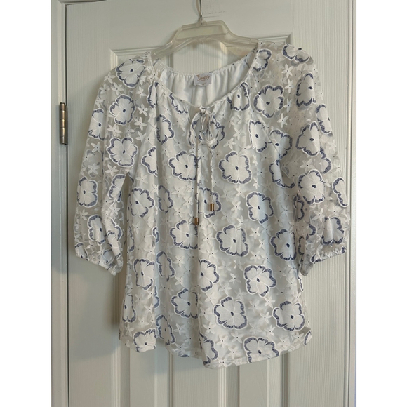 Sirenlily Women’s Blouse White Blue Floral PS - Picture 1 of 9